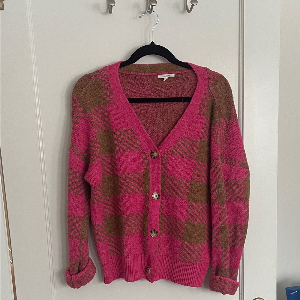 Maurices Pink and Brown Plaid Cardigan